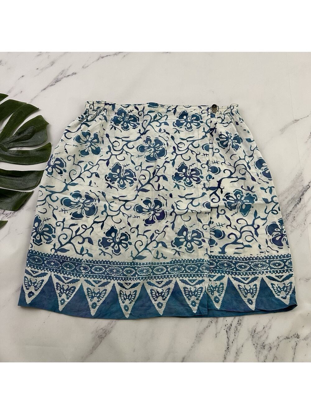 Nomadic Traders Womens Vintage 90s Wrap Mini Skirt Size L Blue White Floral Boho